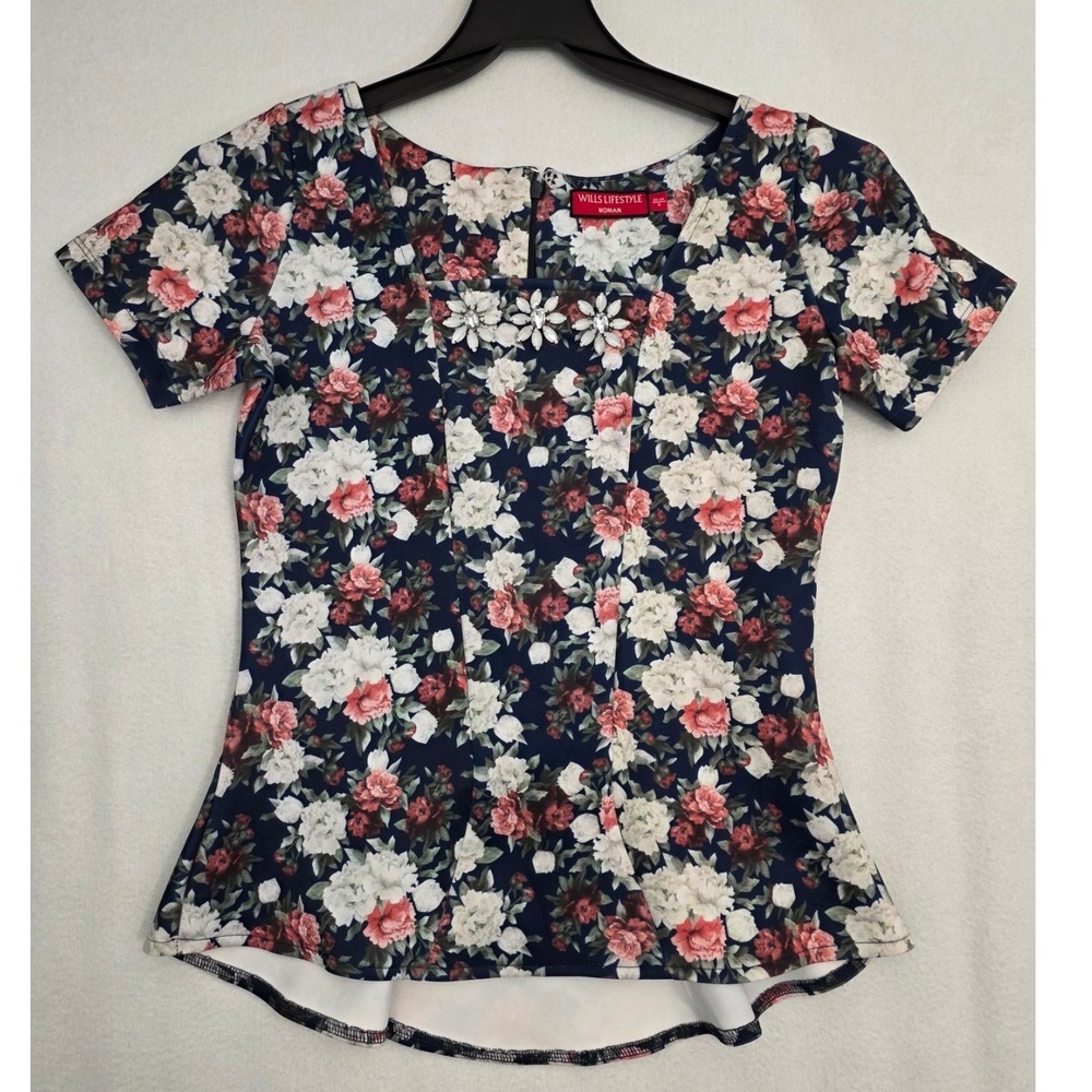 Wills Lifestyle Floral Peplum Top S Navy Crystal Polyblend Cottagecore Blouse
